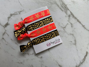 Neon Gold Star and Black Leopard Set Hair Ties